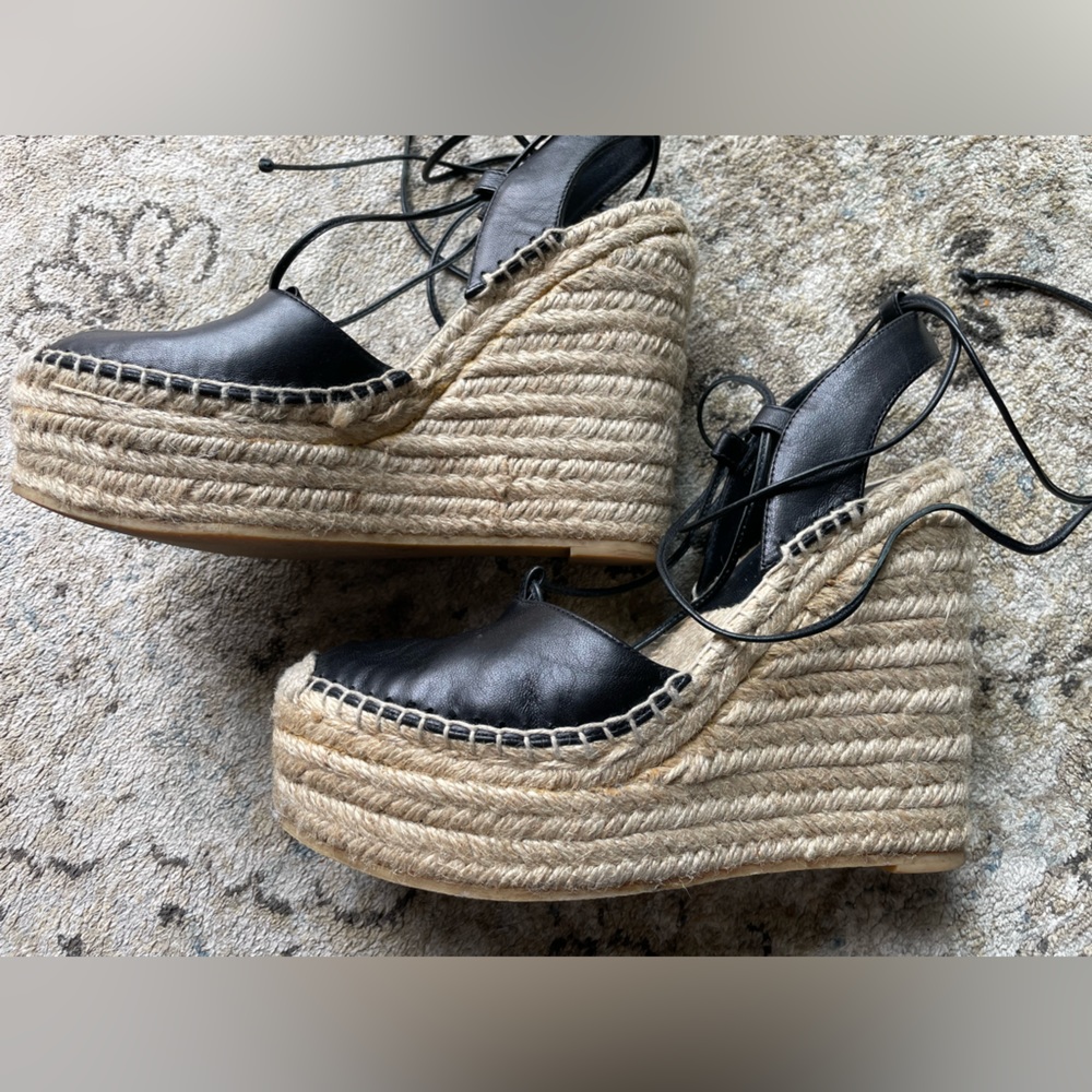 Saint Laurent Jute Wedges Black Nappa Leather Ankle Wrap Gladiator 37.5 EUC - Picture 3 of 9